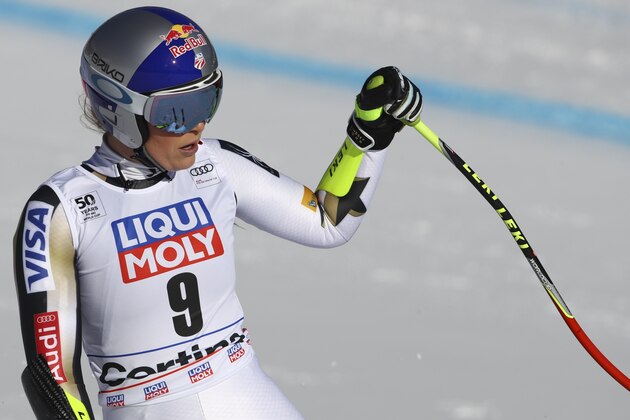 United States' Lindsey Vonn gets to the finish area after completing an alpine ski, women's World Cup super-G, in Cortina d'Ampezzo, Italy, Sunday, Jan. 29, 2017. (AP Photo/Alessandro Trovati)