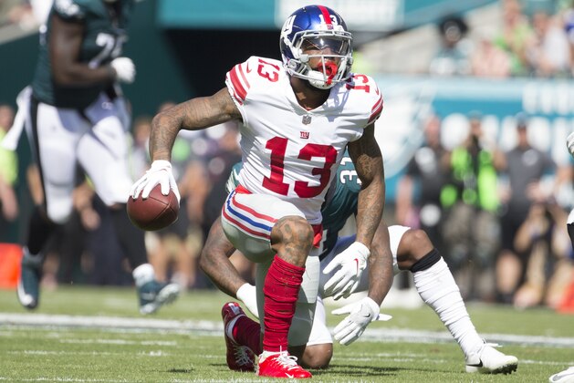 PHILADELPHIA, PA - SEPTEMBER 24: Odell Beckham #13 of the New York Giants reacts against the Philadelphia Eagles at Lincoln Financial Field on September 24, 2017 in Philadelphia, Pennsylvania. The Eagles defeated the Giants 27-24. (Photo by Mitchell Leff/Getty Images)