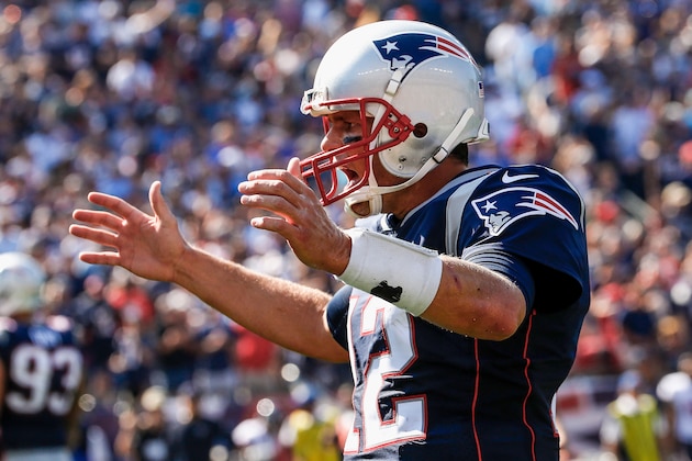 FOXBORO, MA - SEPTEMBER 24: Tom Brady #12 of the New England Patriots reacts during the third quarter of a game against the Houston Texans at Gillette Stadium on September 24, 2017 in Foxboro, Massachusetts. (Photo by Jim Rogash/Getty Images)