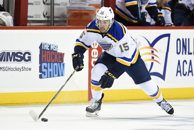 St. Louis Blues center Robby Fabbri (15) drives the puck down ice during an NHL hockey game  against the New York Islanders in New York,  Thursday, Dec. 8, 2016. (AP Photo/Kathy Kmonicek)