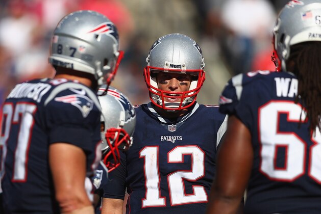 FOXBORO, MA - SEPTEMBER 24:  Tom Brady #12 of the New England Patriots reacts in the huddle during the fourth quarter of a game against the Houston Texans at Gillette Stadium on September 24, 2017 in Foxboro, Massachusetts.  (Photo by Maddie Meyer/Getty Images)
