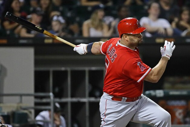 CHICAGO, IL - SEPTEMBER 26:  Albert Pujols #5 of the Los Angeles Angels hits a two run single, giving him his 99nd and 100th RBI for the season, in the 7th inning against the Chicago White Sox at Guaranteed Rate Field on September 26, 2017 in Chicago, Illinois. (Photo by Jonathan Daniel/Getty Images)