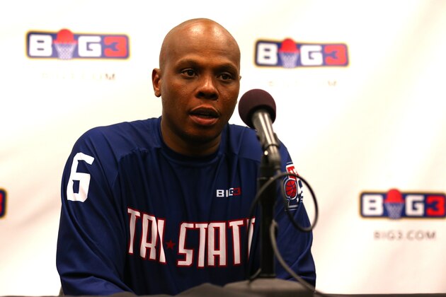 PHILADELPHIA, PA - JULY 16: Bonzi Wells #6 of Tri-State speaks in a press conference after defeating 3's Company during week four of the BIG3 three on three basketball league at Wells Fargo Center on July 16, 2017 in Philadelphia, Pennsylvania.  (Photo by Mitchell Leff/BIG3/Getty Images)