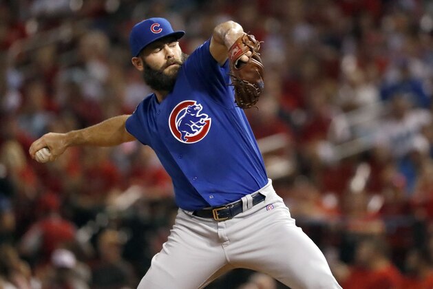 Chicago Cubs starting pitcher Jake Arrieta throws during the first inning of a baseball game against the St. Louis Cardinals on Tuesday, Sept. 26, 2017, in St. Louis. (AP Photo/Jeff Roberson)