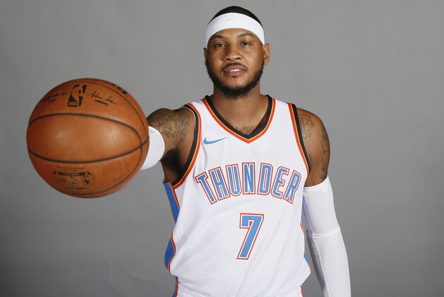 Oklahoma City Thunder forward Carmelo Anthony is pictured during an NBA basketball media day in Oklahoma City, Monday, Sept. 25, 2017. (AP Photo/Sue Ogrocki)