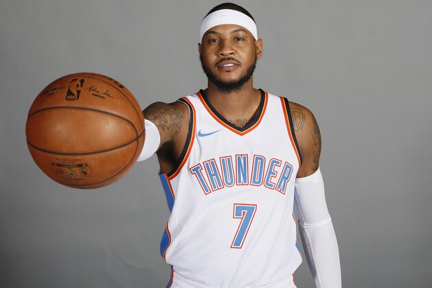 Oklahoma City Thunder forward Carmelo Anthony is pictured during an NBA basketball media day in Oklahoma City, Monday, Sept. 25, 2017. (AP Photo/Sue Ogrocki)