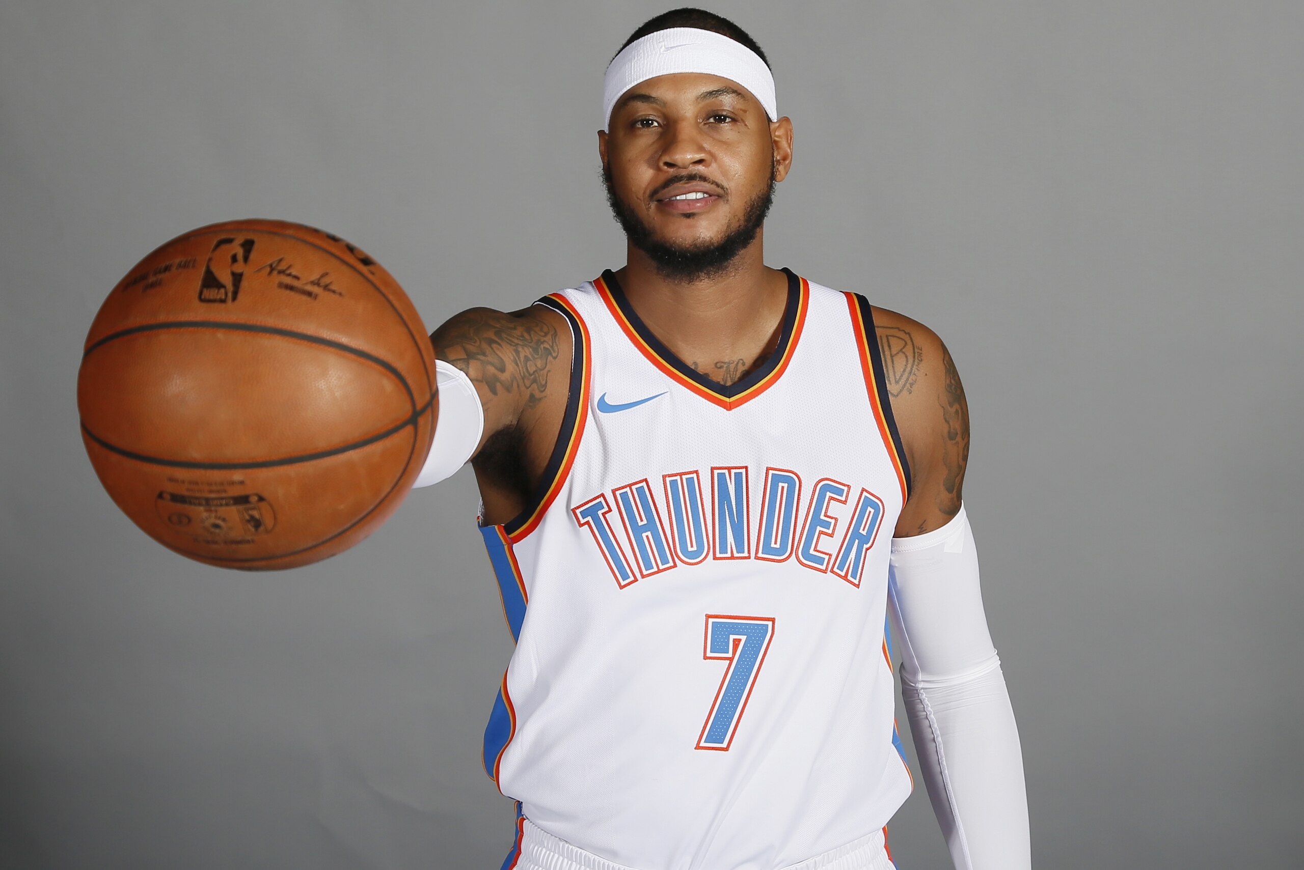 Oklahoma City Thunder forward Carmelo Anthony is pictured during an NBA basketball media day in Oklahoma City, Monday, Sept. 25, 2017. (AP Photo/Sue Ogrocki)