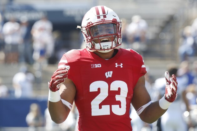 Wisconsin running back Jonathan Taylor warms up before the start of an NCAA college football game against BYU, Saturday, Sept. 16, 2017, in Provo, Utah. (AP Photo/Kim Raff)
