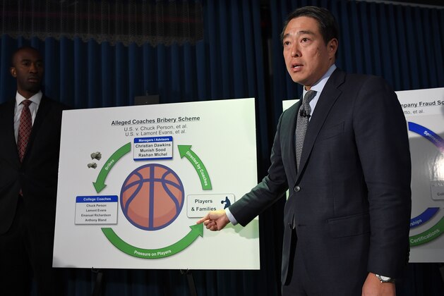 Acting United States Attorney for the Southern District of New York Joon H. Kim speaks during a press conference to announce charges of fraud and corruption in college basketball on September 26, 2017 in New York City.  
Federal criminal charges have been brought against ten people, including four college basketball coaches, as well as managers, financial advisors, and representatives of a major international sportswear company. / AFP PHOTO / ANGELA WEISS        (Photo credit should read ANGELA WEISS/AFP/Getty Images)