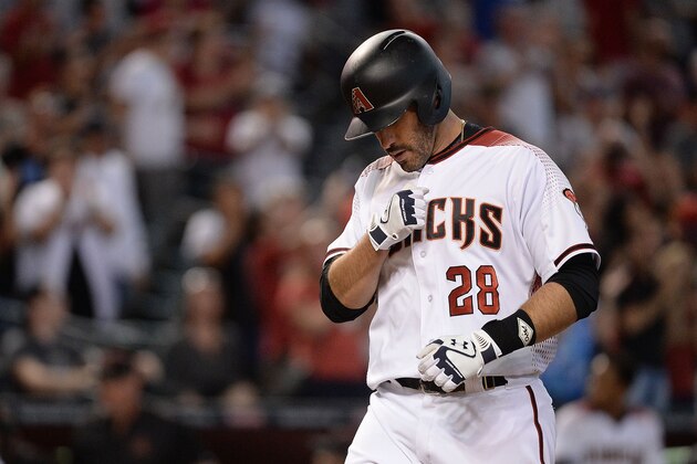 PHOENIX, AZ - SEPTEMBER 27:  J.D. Martinez #28 of the Arizona Diamondbacks celebrates after hitting a solo home run in the ninth inning of the MLB game against the San Francisco Giants at Chase Field on September 27, 2017 in Phoenix, Arizona.  (Photo by Jennifer Stewart/Getty Images)