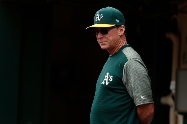 OAKLAND, CA - AUGUST 09: Manager Bob Melvin #6 of the Oakland Athletics looks on from the dugout in the third inning of the game against the Seattle Mariners at Oakland Alameda Coliseum on August 9, 2017 in Oakland, California. (Photo by Lachlan Cunningham/Getty Images)