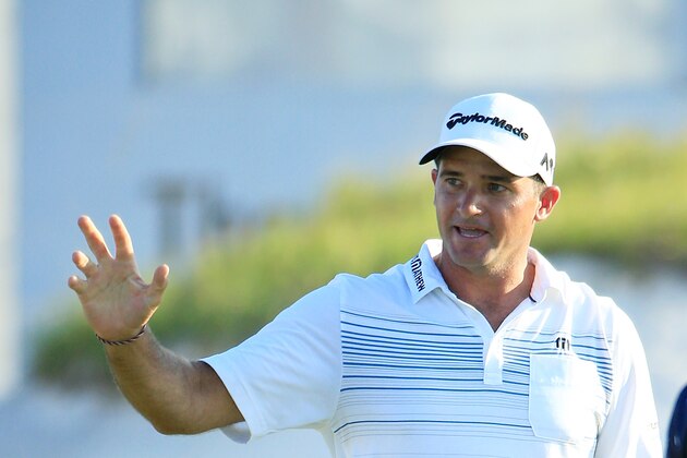 ATLANTIC BEACH, FL - SEPTEMBER 28:  Sam Saunders celebrates as he makes a birdie on the ninth green (his 18th) for a score of 59 during the first round of the Web.com Tour Championship held at Atlantic Beach Country Club  on September 28, 2017 in Atlantic Beach, Florida.  (Photo by Michael Cohen/Getty Images)