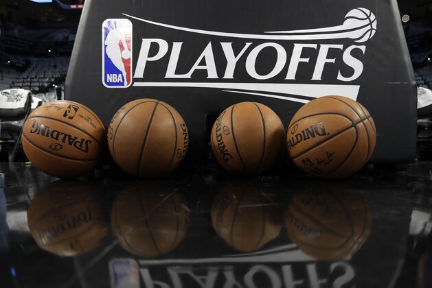 NBA basketballs are seen at the AT&T Center before Game 2 of a first-round NBA basketball playoff series between the San Antonio Spurs and the Memphis Grizzlies, Monday, April 17, 2017, in San Antonio. (AP Photo/Eric Gay)