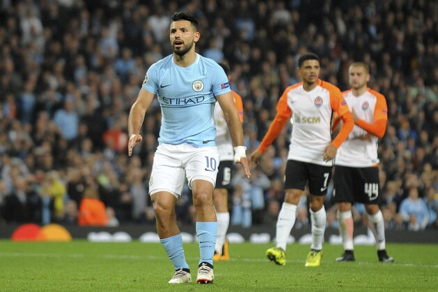 Manchester City's Sergio Aguero reacts after missing a penalty during the Champions League Group F soccer match between Manchester City and Shakhtar Donetsk at Etihad stadium, Manchester, England, Tuesday, Sept. 26, 2017. (AP Photo/Rui Vieira)