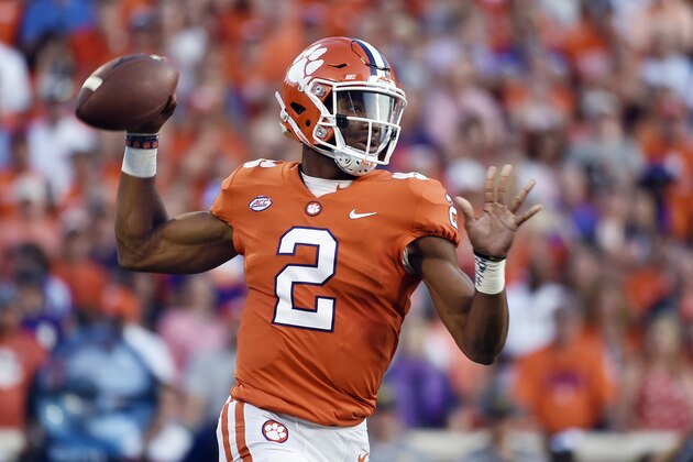 FILE - In this Sept. 9, 2017, file photo, Clemson quarterback Kelly Bryant (2) looks to pass against Auburn during the first half of an NCAA college football game in Clemson, S.C. Bryant has followed a similar path as his predecessor with the Tigers, Deshaun Watson. Bryant's play so far has him headed to where Watson went the past two years, the Heisman Trophy stage and the College Football Playoff. (AP Photo/Rainier Ehrhardt, File)