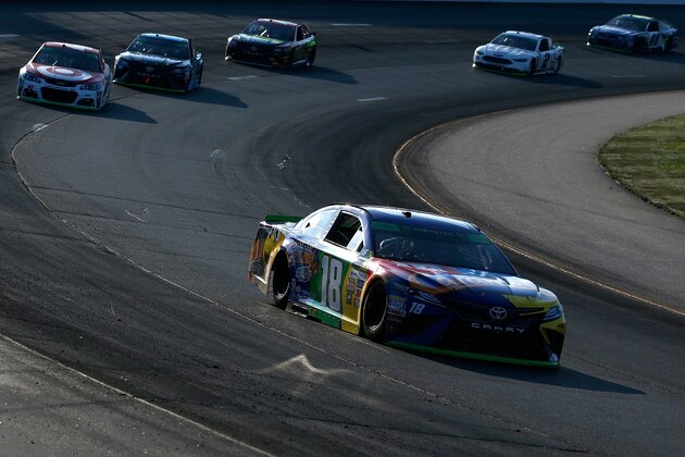 LOUDON, NH - SEPTEMBER 24:  Kyle Busch, driver of the #18 M&M's Caramel Toyota, leads a pack of cars during the Monster Energy NASCAR Cup Series ISM Connect 300 at New Hampshire Motor Speedway on September 24, 2017 in Loudon, New Hampshire.  (Photo by Jeff Zelevansky/Getty Images)