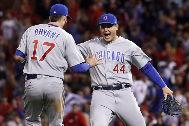 Chicago Cubs' Anthony Rizzo (44) and Kris Bryant (17) celebrate after defeating the St. Louis Cardinals in a baseball game to clinch the National League Central title Wednesday, Sept. 27, 2017, in St. Louis. (AP Photo/Jeff Roberson)