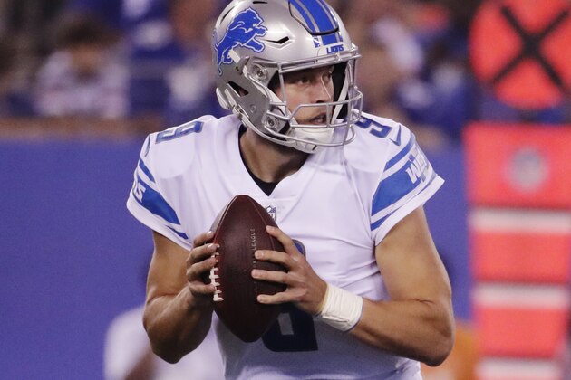 Detroit Lions quarterback Matt Stafford (9) looks to pass during the first half of an NFL football game against the Detroit Lions Monday, Sept. 18, 2017, in East Rutherford, N.J. (AP Photo/Julio Cortez)