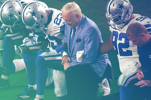 FILE - In this Monday, Sept. 25, 2017 file photo, the Dallas Cowboys, led by owner Jerry Jones, center, take a knee prior to the national anthem prior to an NFL football game against the Arizona Cardinals, in Glendale, Ariz. President Donald Trump's clash with the scores of professional football players who knelt during the Star Spangled Banner last weekend has set off a heated debate over proper etiquette during the national anthem. But throughout the world, flags, anthems and other national symbols can often divide as much as they unify, especially in countries with large religious or ethnic divisions. (AP Photo/Matt York, File)