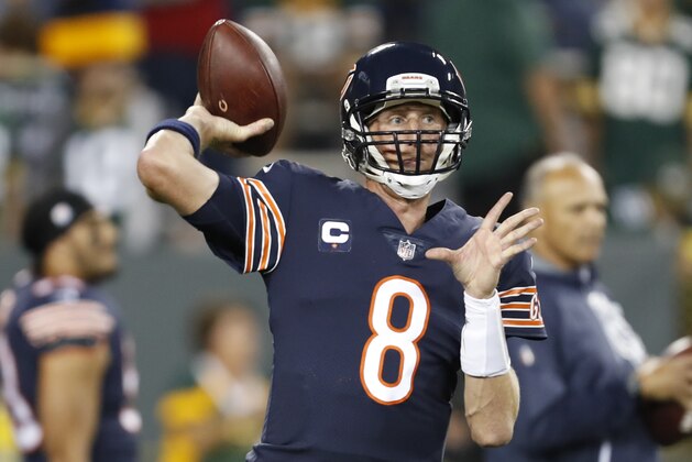 Chicago Bears' Mike Glennon throws before an NFL football game against the Green Bay Packers Thursday, Sept. 28, 2017, in Green Bay, Wis. (AP Photo/Matt Ludtke)