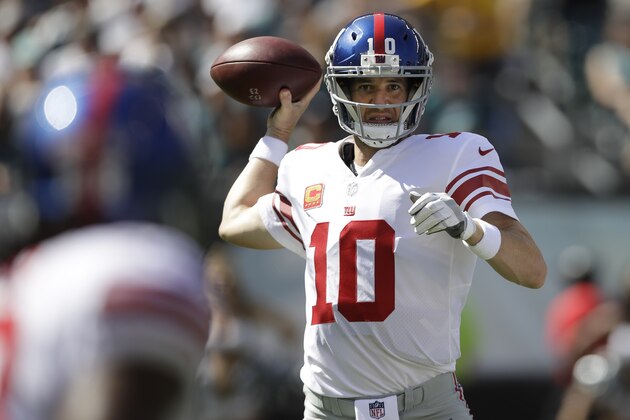 New York Giants' Eli Manning passes during the first half of an NFL football game against the Philadelphia Eagles, Sunday, Sept. 24, 2017, in Philadelphia. (AP Photo/Matt Rourke)