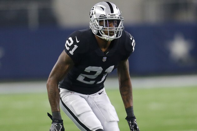 Oakland Raiders cornerback Sean Smith (21) defends against the Dallas Cowboys during a preseason NFL football game, Saturday, Aug. 26, 2017, in Arlington, Texas. (AP Photo/Roger Steinman)
