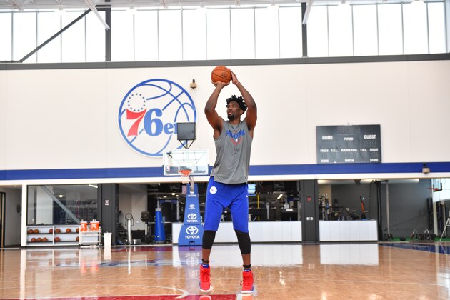 CAMDEN, NJ - SEPTEMBER 27: Joel Embiid #21 of the Philadelphia 76ers shoots the ball during practice on September 27, 2017 at the Sixers Training Complex in Camden, New Jersey. NOTE TO USER: User expressly acknowledges and agrees that, by downloading and or using this photograph, User is consenting to the terms and conditions of the Getty Images License Agreement. Mandatory Copyright Notice: Copyright 2017 NBAE (Photo by Jesse D. Garrabrant/NBAE via Getty Images)