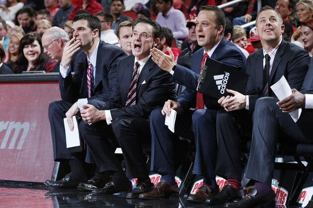 LOUISVILLE, KY - NOVEMBER 11: Louisville Cardinals coaches (from left) David Padgett, Rick Pitino, Mike Balado and Michael Bowden look on during the game against the Evansville Purple Aces at KFC YUM! Center on November 11, 2016 in Louisville, Kentucky. Louisville defeated Evansville 78-47. (Photo by Joe Robbins/Getty Images)