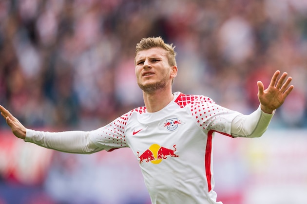Leipzig´s forward Timo Werner celebrates scoring during the German dirst division Bundesliga football match between RB Leipzig and Eintracht Frankfurt in Leipzig, eastern Germany, on September 23, 2017. / AFP PHOTO / ROBERT MICHAEL / RESTRICTIONS: DURING MATCH TIME: DFL RULES TO LIMIT THE ONLINE USAGE TO 15 PICTURES PER MATCH AND FORBID IMAGE SEQUENCES TO SIMULATE VIDEO. == RESTRICTED TO EDITORIAL USE == FOR FURTHER QUERIES PLEASE CONTACT DFL DIRECTLY AT + 49 69 650050
        (Photo credit should read ROBERT MICHAEL/AFP/Getty Images)