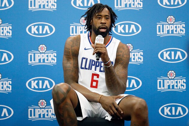 PLAYA VISTA, CA - SEPTEMBER 25:  DeAndre Jordan #6 of the Los Angeles Clippers answers questions from the media at the Los Angeles Clippers Training Center on September 25, 2017 in Playa Vista, California.  NOTE TO USER: User expressly acknowledges and agrees that, by downloading and/or using this photograph, user is consenting to the terms and conditions of the Getty Images License Agreement.
 (Photo by Josh Lefkowitz/Getty Images)
