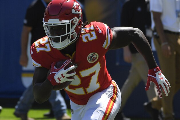 Kansas City Chiefs running back Kareem Hunt warms up before an NFL football game against the Los Angeles Chargers Sunday, Sept. 24, 2017, in Carson, Calif. (AP Photo/Mark J. Terrill)