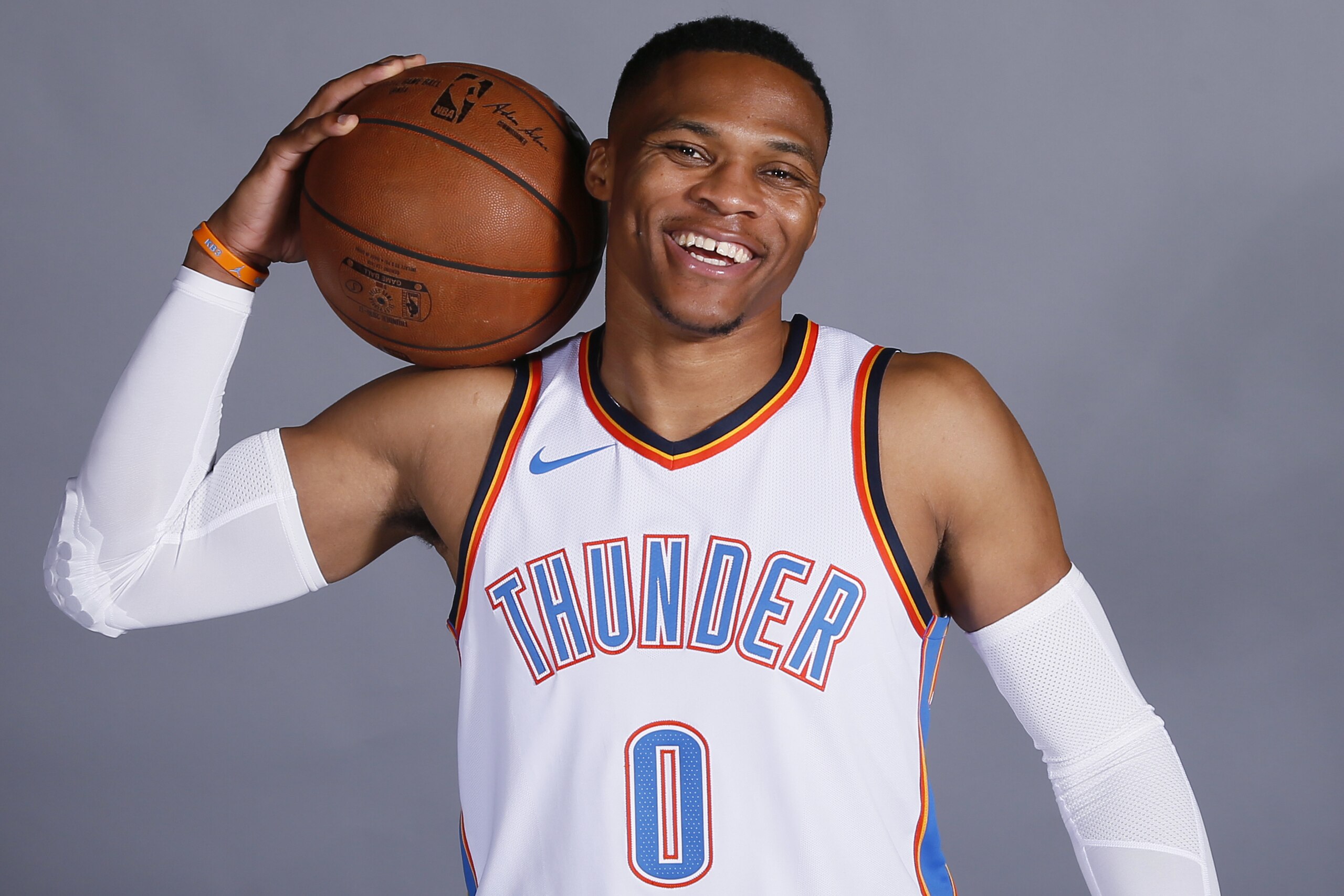 Oklahoma City Thunder guard Russell Westbrook is pictured during an NBA basketball media day in Oklahoma City, Monday, Sept. 25, 2017. (AP Photo/Sue Ogrocki)