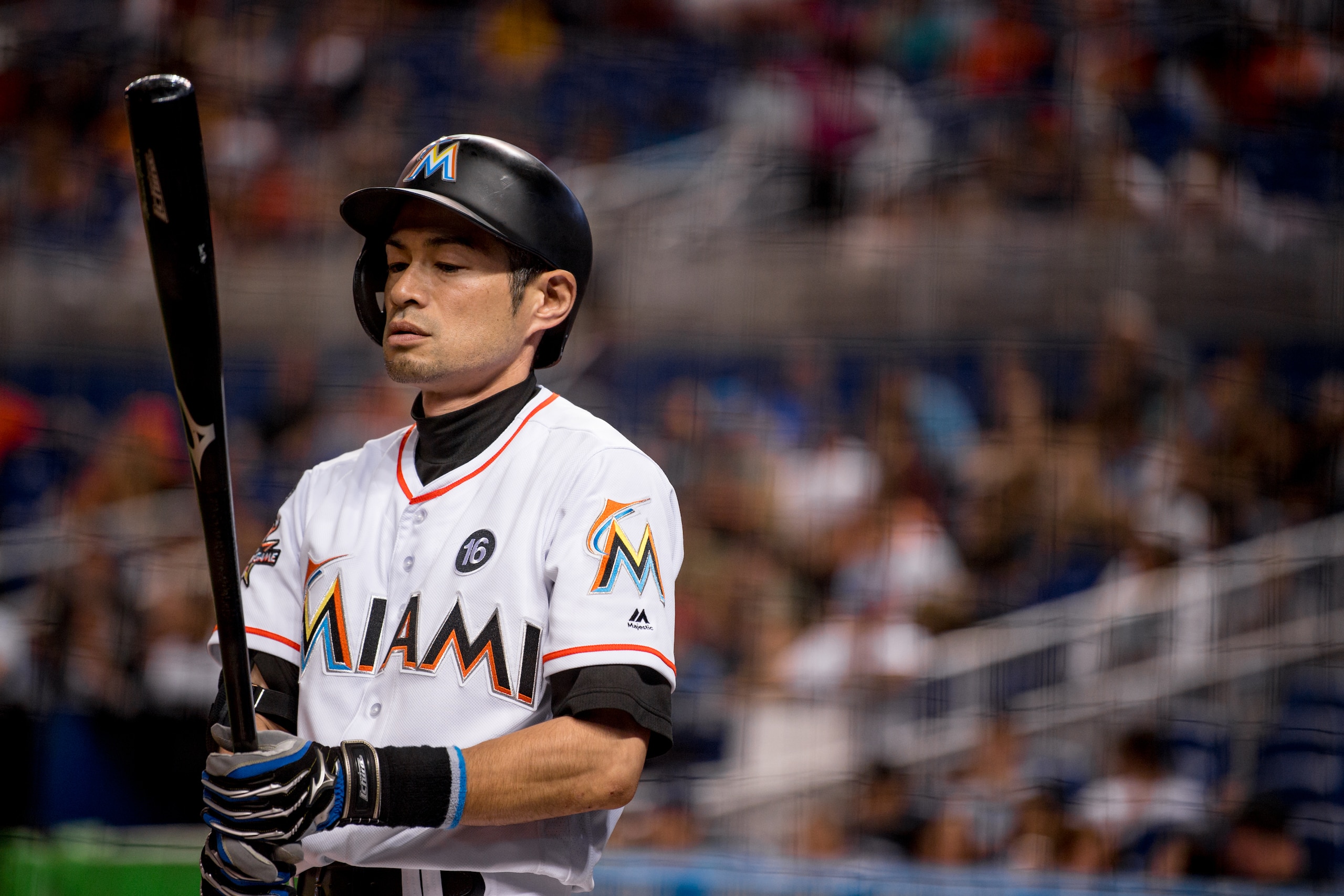 MIAMI, FL - SEPTEMBER 28: Ichiro Suzuki #51 of the Miami Marlins on deck before pinch hitting during the sixth inning of the game against the Atlanta Braves at Marlins Park on September 28, 2017 in Miami, Florida. (Photo by Rob Foldy/Miami Marlins via Getty Images)