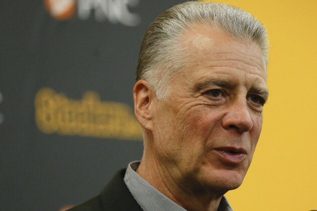 Pittsburgh Steelers President Art Rooney II , intrduces the teams first round pick in the 2017 NFL football draft, T.J. Watt, during at a news conference, Friday, April 28, 2017, in Pittsburgh. Watt is a linebacker out of Wisconsin. (AP Photo/Keith Srakocic)