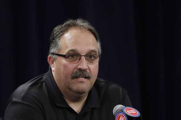Stan Van Gundy, Detroit Pistons president of basketball operations and head coach, addresses the media, Friday, June 23, 2017, in Auburn Hills, Mich. (AP Photo/Carlos Osorio)
