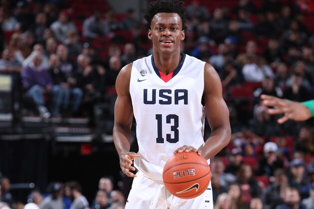 PORTLAND, OR - APRIL 7: Jarred Vanderbilt #13 of the USA Junior Select Team handles the ball against the World Select Team during the game on April 7, 2017 at the MODA Center Arena in Portland, Oregon. NOTE TO USER: User expressly acknowledges and agrees that, by downloading and or using this photograph, User is consenting to the terms and conditions of License Agreement. Mandatory Copyright Notice: Copyright 2017 NBAE (Photo by Sam Forencich)