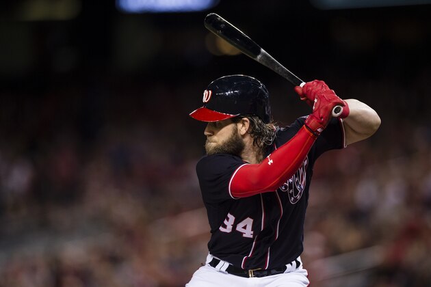 WASHINGTON, DC - SEPTEMBER 29: Bryce Harper #34 of the Washington Nationals hits against the Pittsburgh Pirates in the first inning at Nationals Park on September 29, 2017 in Washington, DC. (Photo by Patrick McDermott/Getty Images)