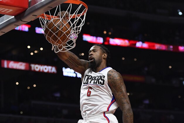 Los Angeles Clippers center DeAndre Jordan dunks during the second half of an NBA basketball game against the Boston Celtics, Monday, March 6, 2017, in Los Angeles. The Clippers won 115-102. (AP Photo/Mark J. Terrill)