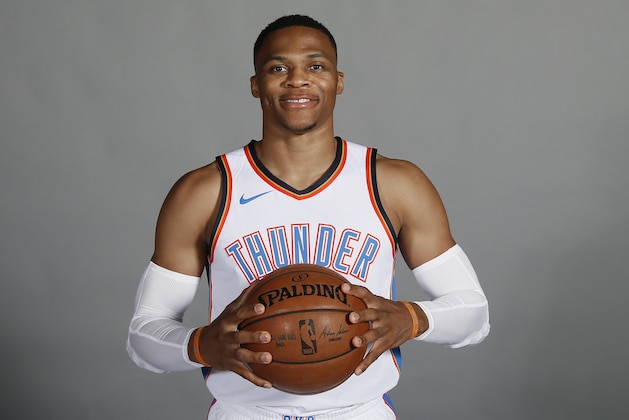 Oklahoma City Thunder guard Russell Westbrook is pictured during an NBA basketball media day in Oklahoma City, Monday, Sept. 25, 2017. (AP Photo/Sue Ogrocki)