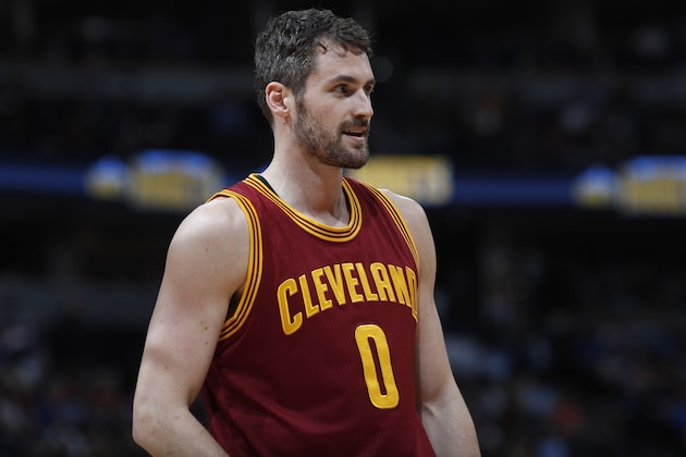 Cleveland Cavaliers forward Kevin Love (0) in the second half of an NBA basketball game Wednesday, March 22, 2017, in Denver. The Nuggets won 126-113. (AP Photo/David Zalubowski)