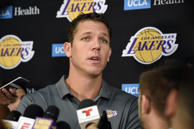EL SEGUNDO, CA - SEPTEMBER 25: Luke Walton, head coach of the Los Angeles Lakers, speaks during media day September 25, 2017, in El Segundo, California. NOTE TO USER: User expressly acknowledges and agrees that, by downloading and/or using this photograph, user is consenting to the terms and conditions of the Getty Images License Agreement. (Photo by Kevork Djansezian/Getty Images)