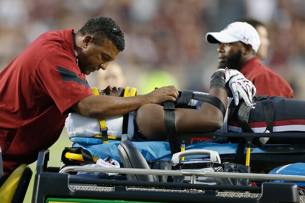 COLLEGE STATION, TX - SEPTEMBER 30:  Terry Googer #6 of the South Carolina Gamecocks is carted off the field after sustaining an unknown injury against the Texas A&M Aggies in the first half at Kyle Field on September 30, 2017 in College Station, Texas.  (Photo by Bob Levey/Getty Images)