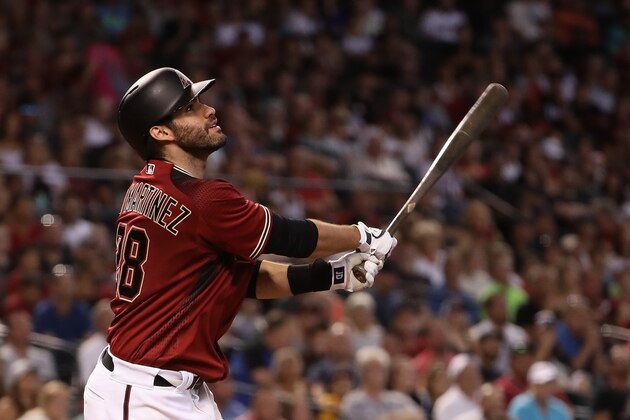 PHOENIX, AZ - SEPTEMBER 24:  J.D. Martinez #28 of the Arizona Diamondbacks bats against the Miami Marlins during the MLB game at Chase Field on September 24, 2017 in Phoenix, Arizona.  (Photo by Christian Petersen/Getty Images)