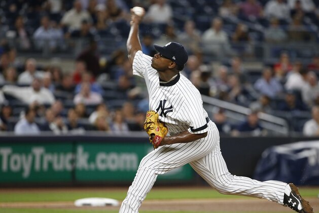 New York Yankees starting pitcher Luis Severino delivers during the fifth inning of a baseball game against the Tampa Bay Rays in New York, Wednesday, Sept. 27, 2017. (AP Photo/Kathy Willens)