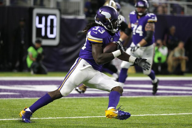 Minnesota Vikings running back Dalvin Cook carries the ball during the first half of an NFL football game against the New Orleans Saints, Monday, Sept. 11, 2017, in Minneapolis. (AP Photo/Bruce Kluckhohn)