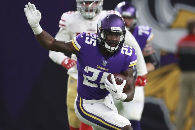 Minnesota Vikings running back Latavius Murray (25) runs the ball against the San Francisco 49ers during an NFL preseason football game Sunday, Aug. 27, 2017, in Minneapolis. (Jeff Haynes/AP Images for Panini)