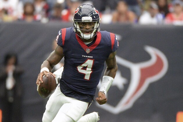 Houston Texans quarterback Deshaun Watson (4) runs against the Tennessee Titans during the second half of an NFL football game, Sunday, Oct. 1, 2017, in Houston. (AP Photo/George Bridges)