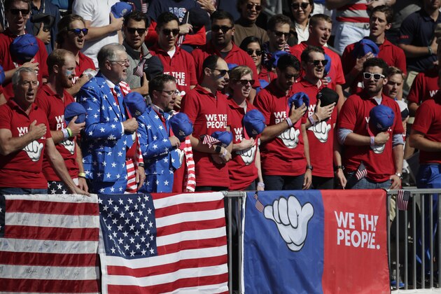 Fans sing the national anthem on the first tee before the final round of the Presidents Cup at Liberty National Golf Club in Jersey City, N.J., Sunday, Oct. 1, 2017. (AP Photo/Julio Cortez) Fans sing the national anthem on the first tee before the final round of the Presidents Cup at Liberty National Golf Club in Jersey City, N.J., Sunday, Oct. 1, 2017. (AP Photo/Julio Cortez)