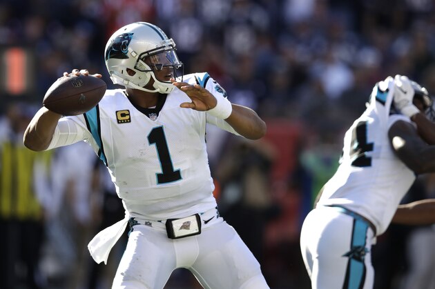 Carolina Panthers quarterback Cam Newton throws against the New England Patriots during the second half of an NFL football game, Sunday, Oct. 1, 2017, in Foxborough, Mass. (AP Photo/Charles Krupa)