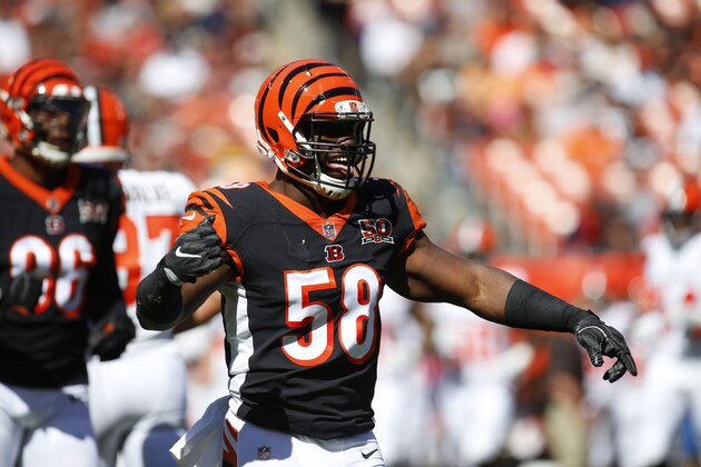 CLEVELAND, OH - OCTOBER 01: Carl Lawson #58 of the Cincinnati Bengals celebrates a play in the first half against the Cleveland Browns at FirstEnergy Stadium on October 1, 2017 in Cleveland, Ohio. (Photo by Justin Aller /Getty Images)